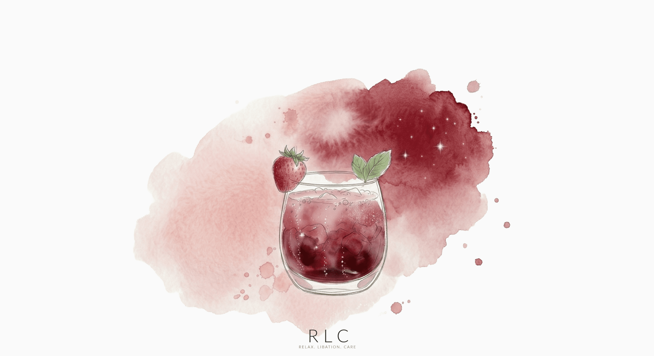 Watercolor illustration of The Mixed Berry Splash mixed berry sparkling mocktail with deep ruby watercolor splash and berry botanical sketches