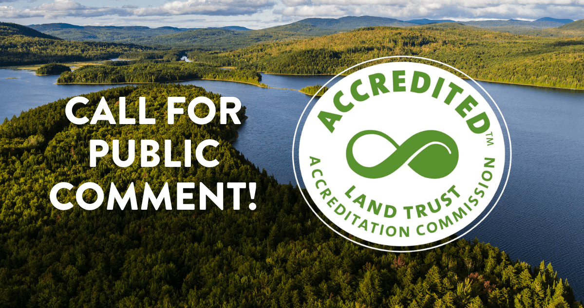 Aerial view of a forested lake with text "Call for Public Consultation!" and the Accredited Land Trust Accreditation Commission logo overlaid.
