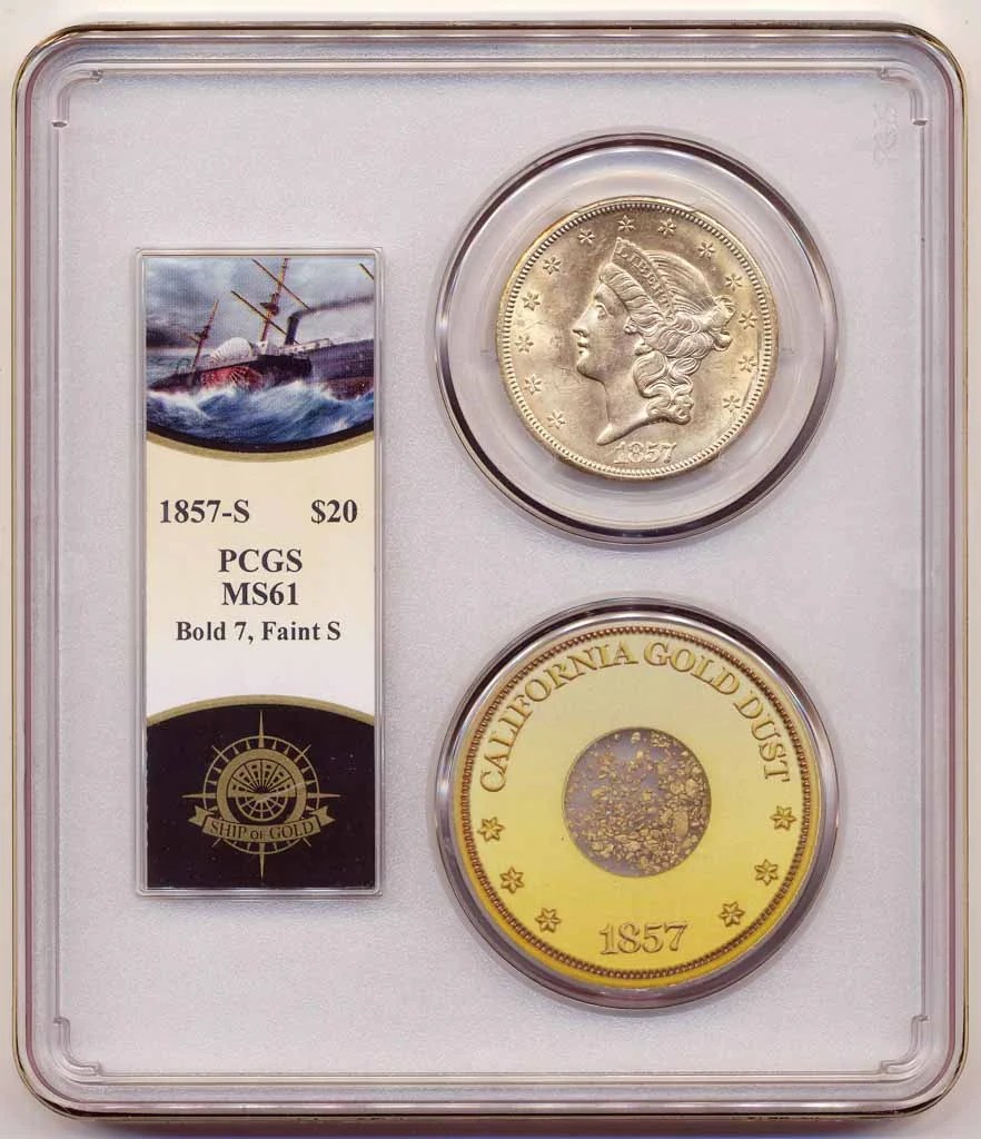 1857-S S.S. Central America Shipwreck Gold PCGS MS61 / COA & Box