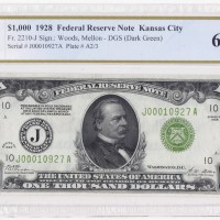 $1,000 1928 Federal Reserve Note Kansas City GEM UNC 65 PPQ
