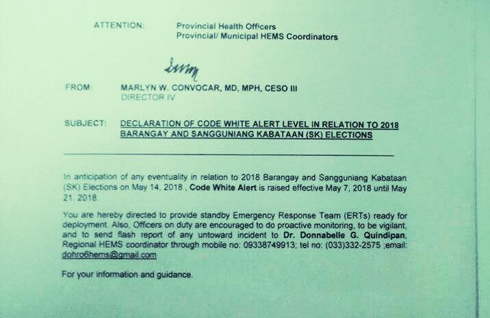 CODE WHITE ALERT STATUS | Mga government health facilities sa Region-6, nakaalerto na angot sa SK kag Barangay Election