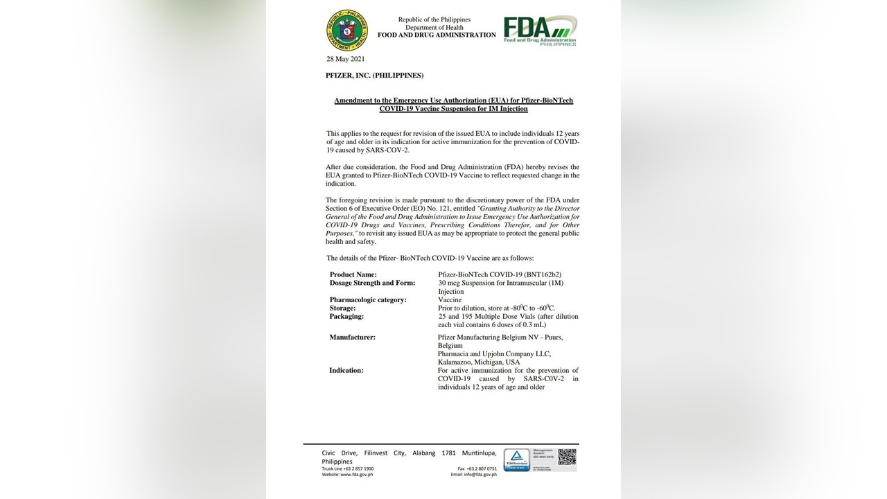 12-15 anyos maaari nang turukan ng Pfizer COVID-19 vaccine-DOH