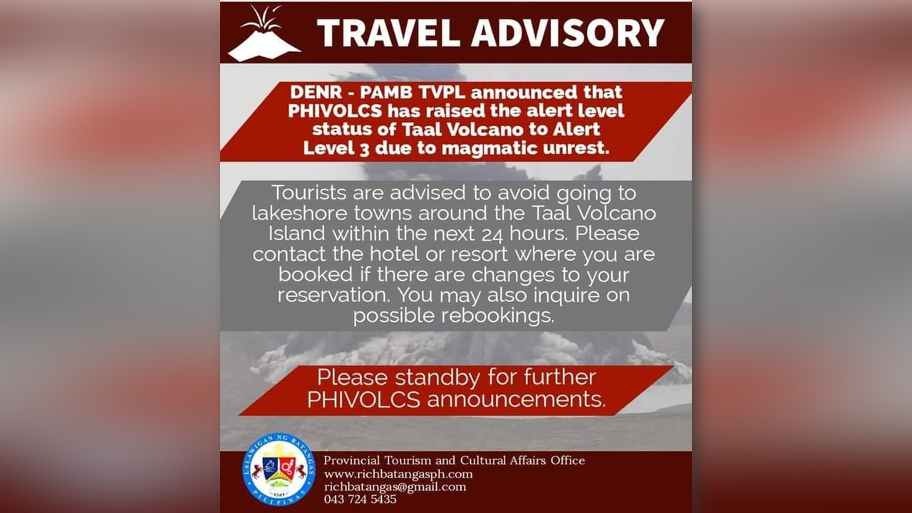 Mga turista, pinaiiwas muna ng DOT na magbiyahe sa mga lugar na malapit sa Bulkang Taal