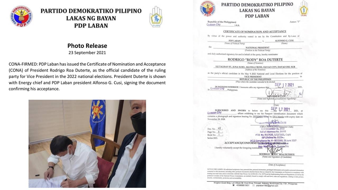PRRD, nilagdaan na ang kaniyang Certificate of Nomination & Acceptance