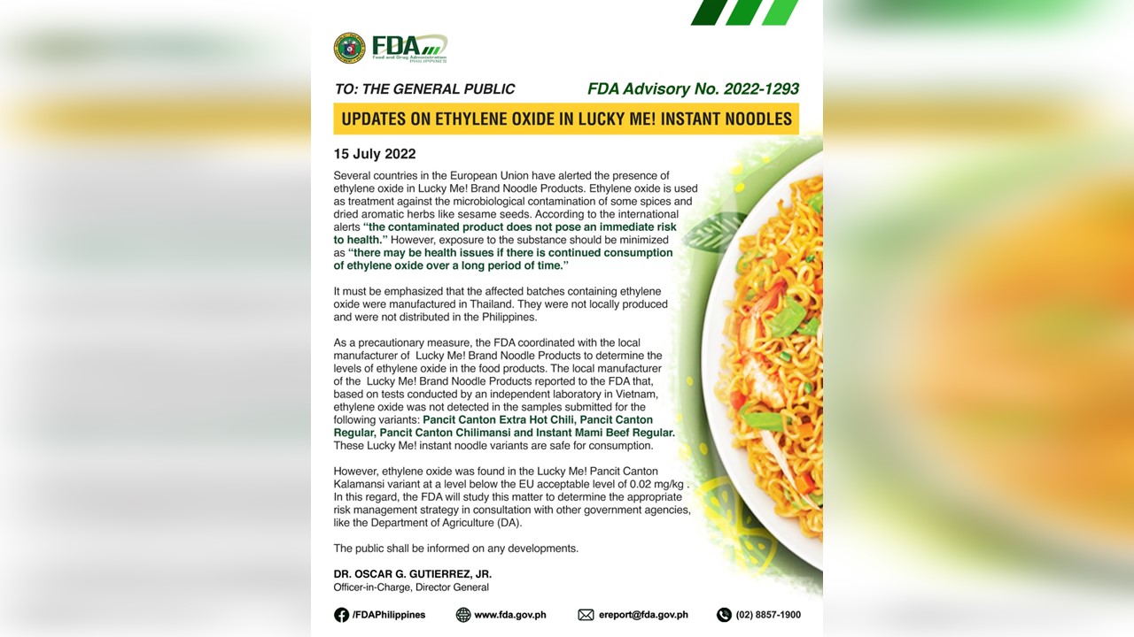 FDA, sinabing galing sa Thailand ang ilang batches ng Lucky Me products sa Europa na nakitaan ng presensya ng ethylene oxide