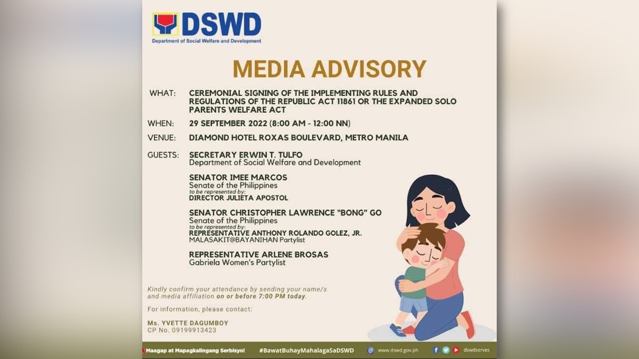 IRR RA 11861 o Solo Parent Act, lalagdaan ng DSWD mamaya sa lungsod ng Maynila