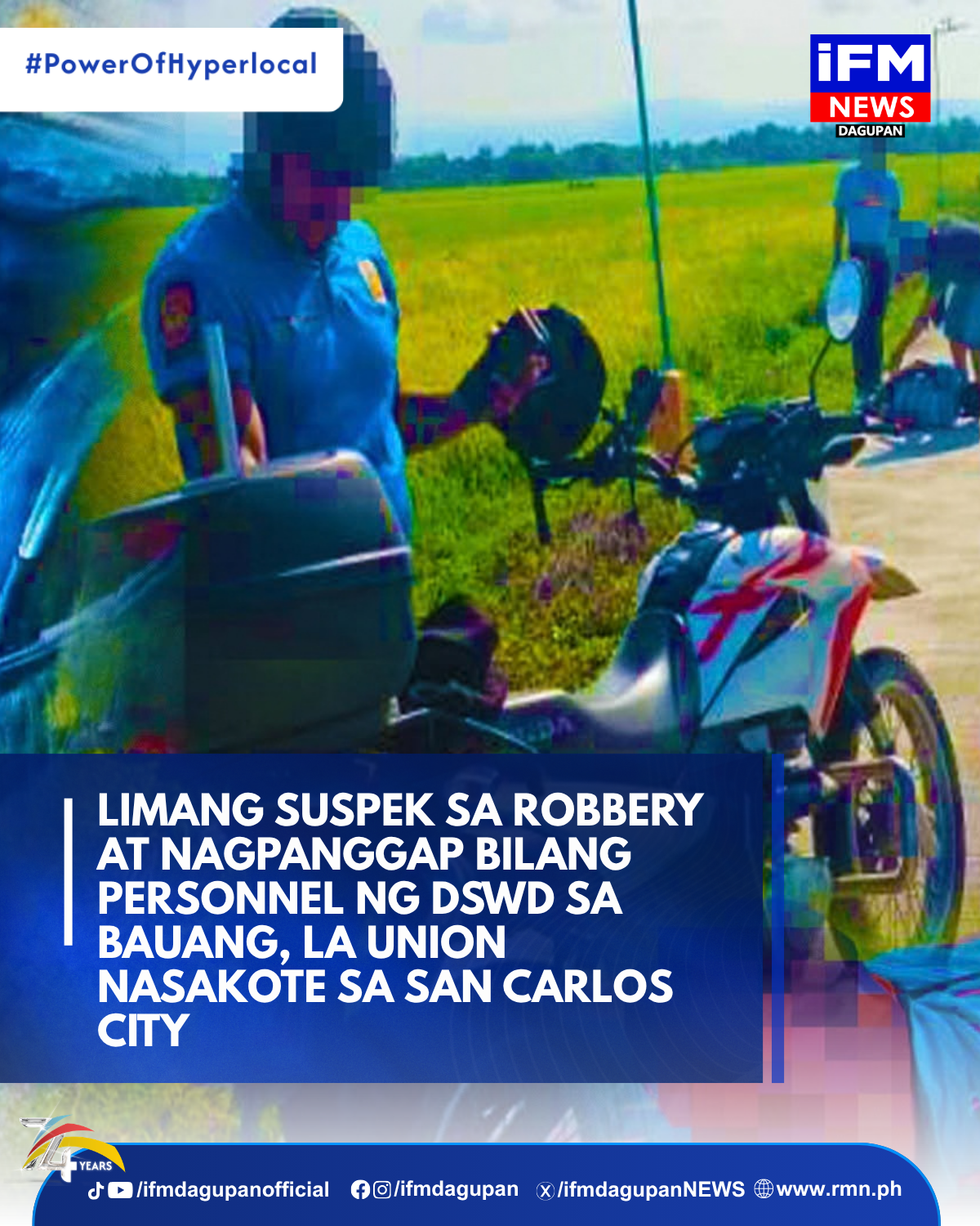 LIMANG SUSPEK SA ROBBERY AT NAGPANGGAP BILANG PERSONNEL NG DSWD SA BAUANG, LA UNION NASAKOTE SA SAN CARLOS CITY