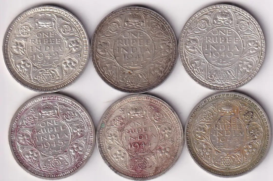 One Rupee 1940 to 1945 Six Different Years Bombay Mint Silver