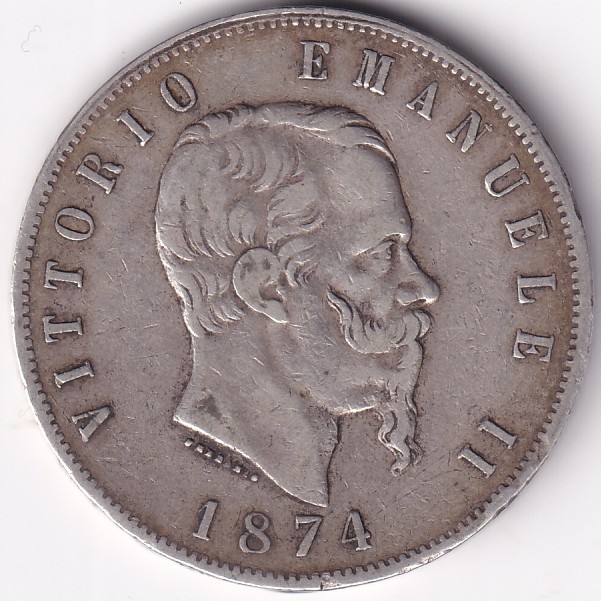 Italy 5 Lire of 1874 Victor Emmanuel II Silver Coin | RN Coins ®