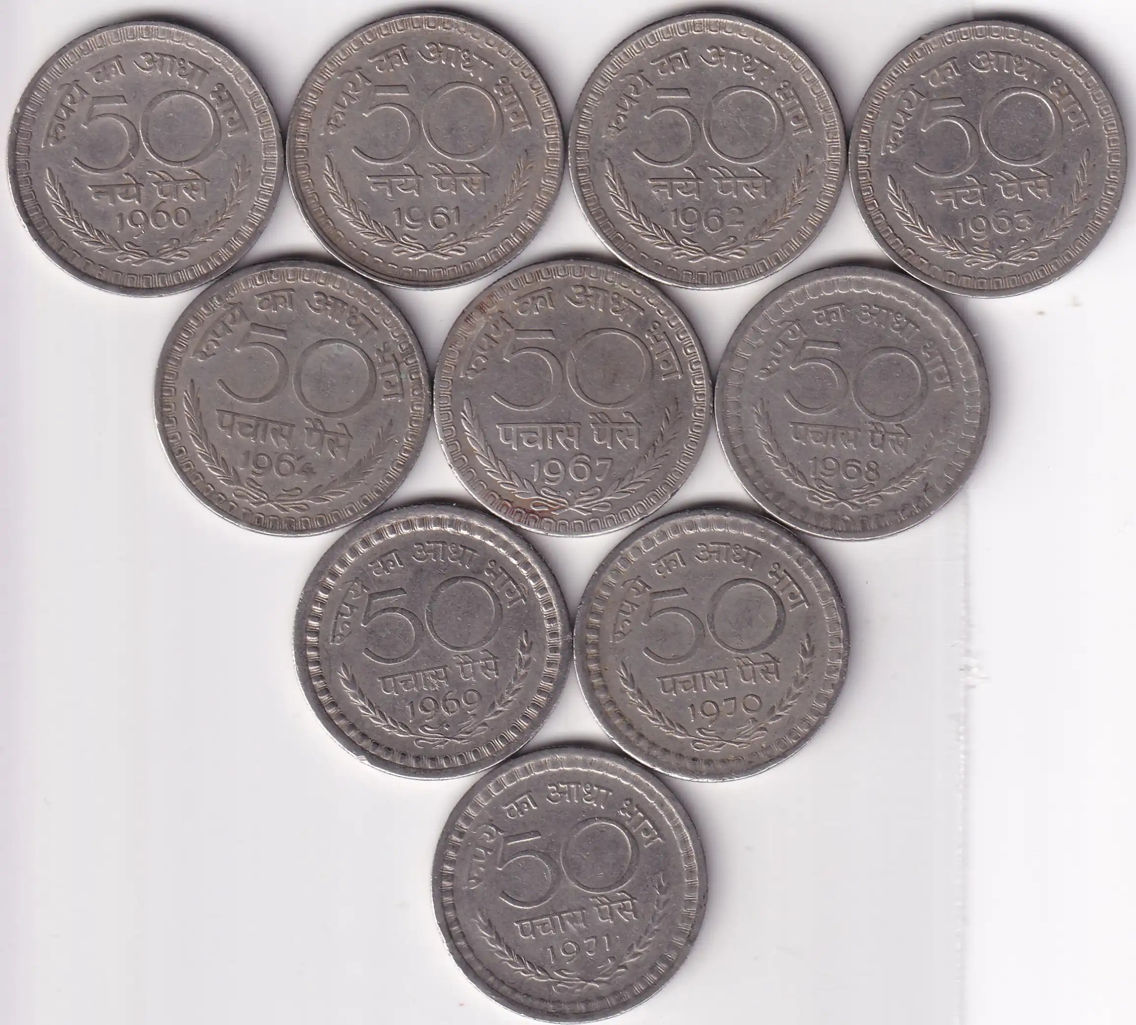 50 Paise 1960 to 1971 Ten Different Years Coins Set