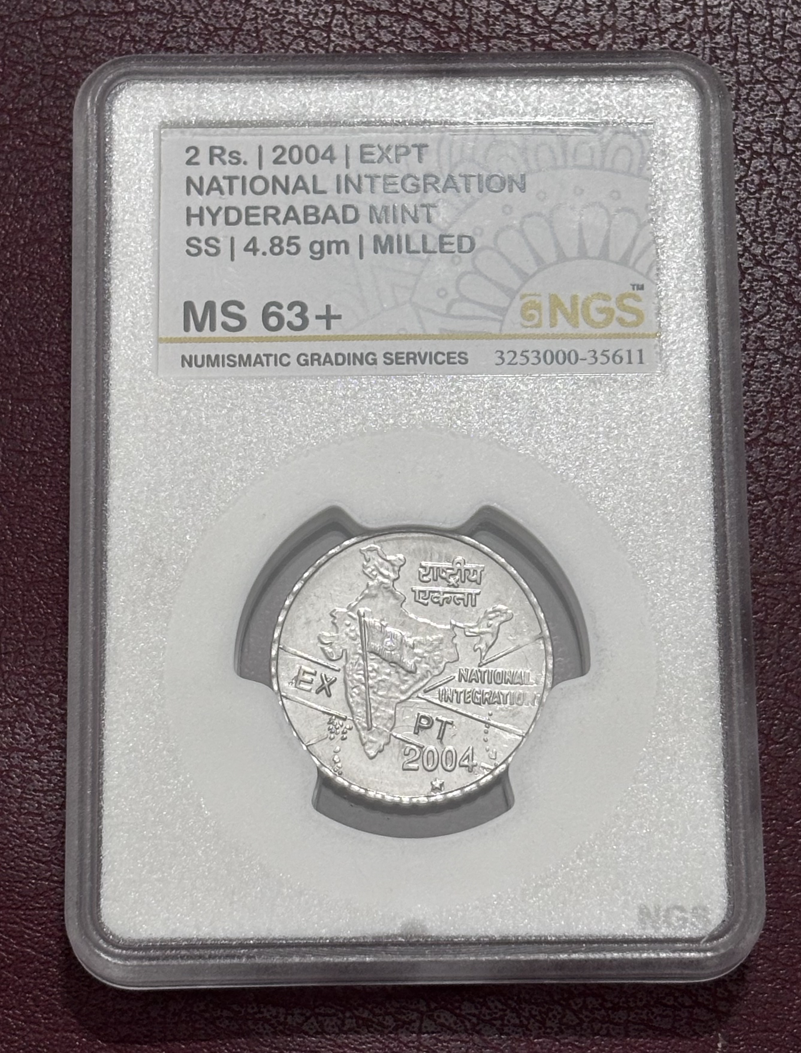 Rare 2 Rupees 2004 EXPT Hyderabad Mint NGS Graded MS 63 Coin