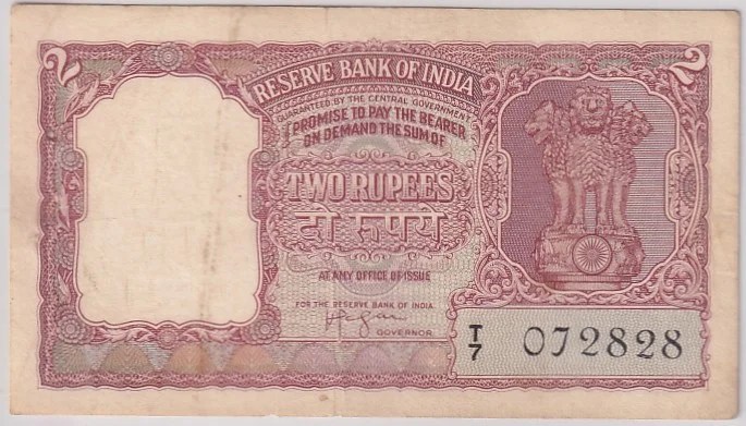 2 Rupees of India of Hvr Iyengar Signed 1957-1962 Half Tiger Note