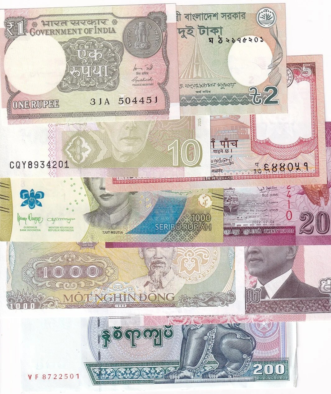 9 Different Asian Countries Banknotes Collection Unc Set