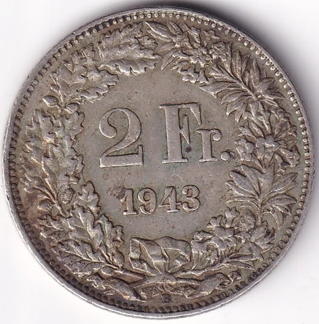 Switzerland 2 Francs 1943 Standing Helvetia Silver Coin