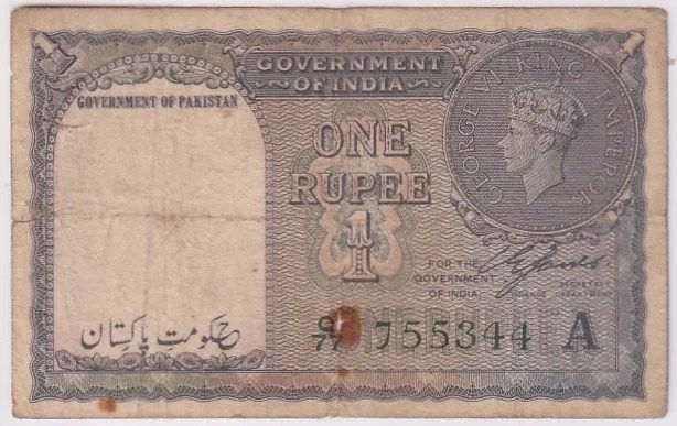 1948 British India King George V One Rupee Government of Pakistan Note