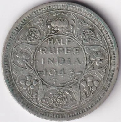 British India Half Rupee 1943 Silver Coin George VI Lahore Mint