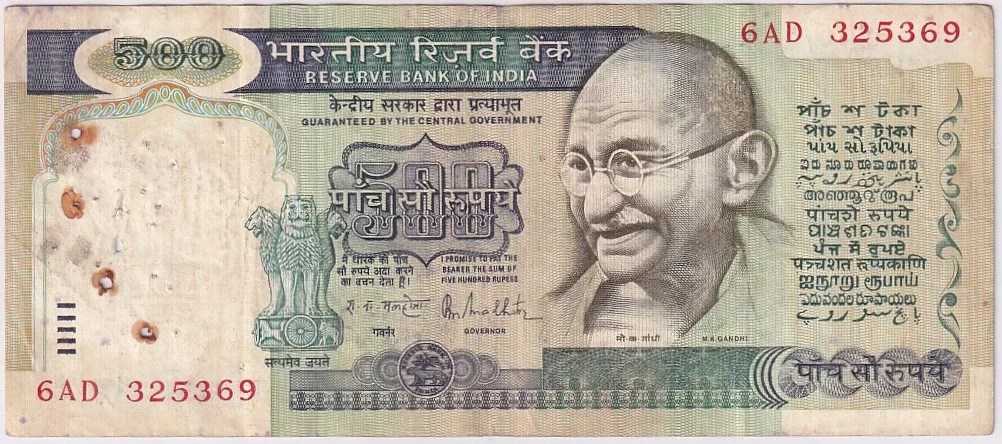 500 Rupees R N Malhotra Sign H-1 Pin Stain Mark Note