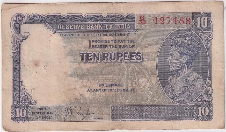 Ten Rupees of British India of 1938 J B Taylor Singature Banknote