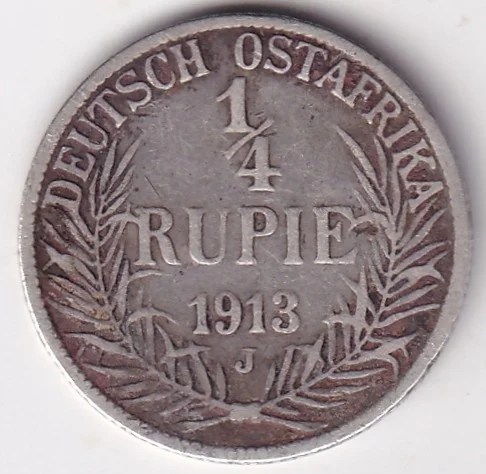 Silver 1913 J German East Africa 1/4 Rupee Coin