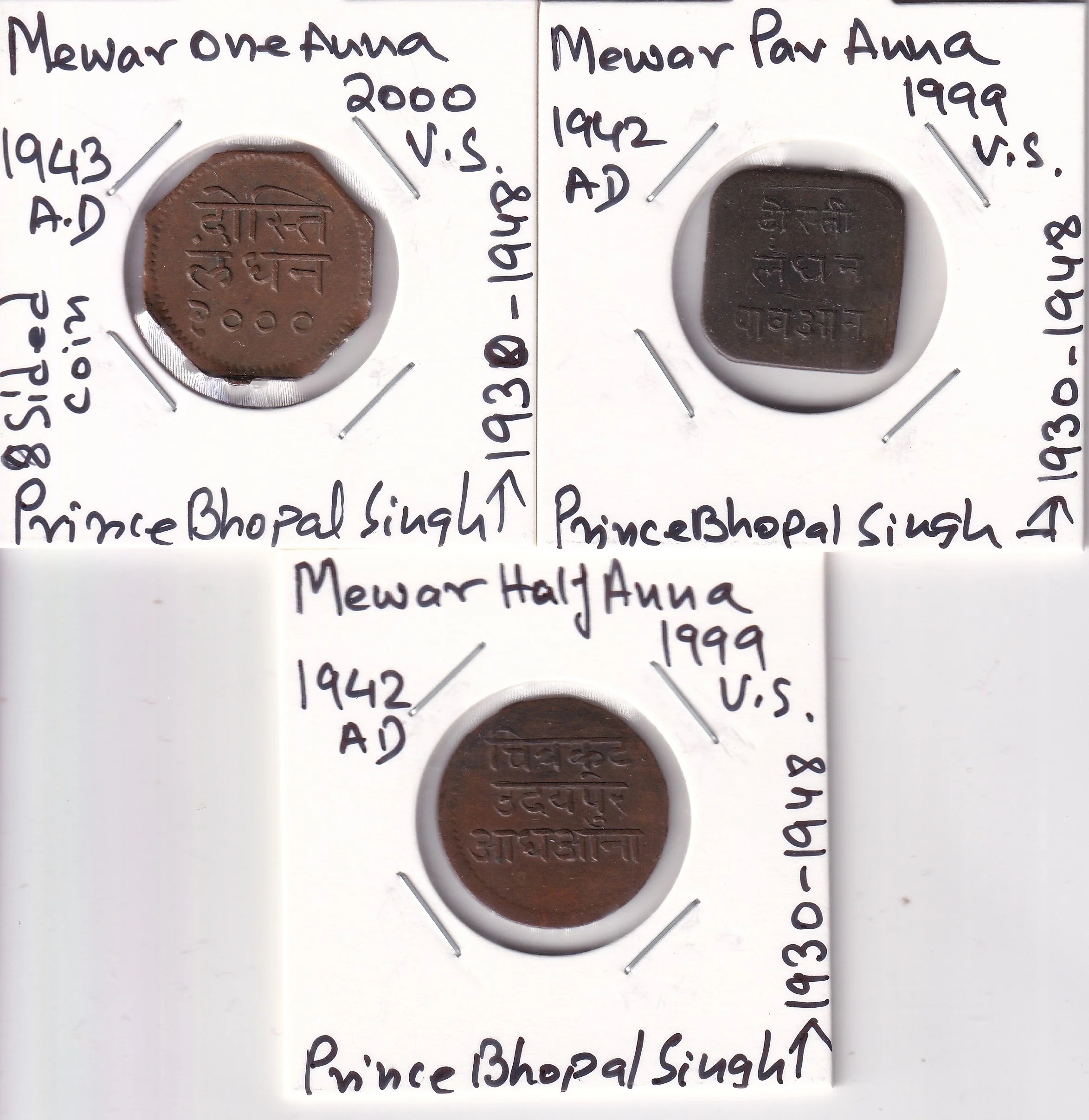 Mewar 1 Anna 1/2 Anna 1/4 Anna 1942-43 AD Three Copper Coins Set