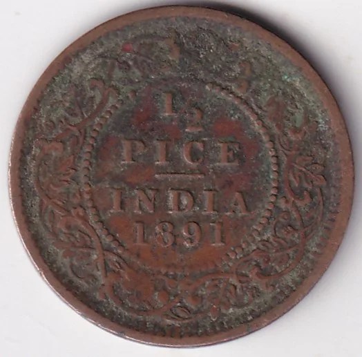 British India 1/2 Pice 1891 Victoria Empress Copper Coin