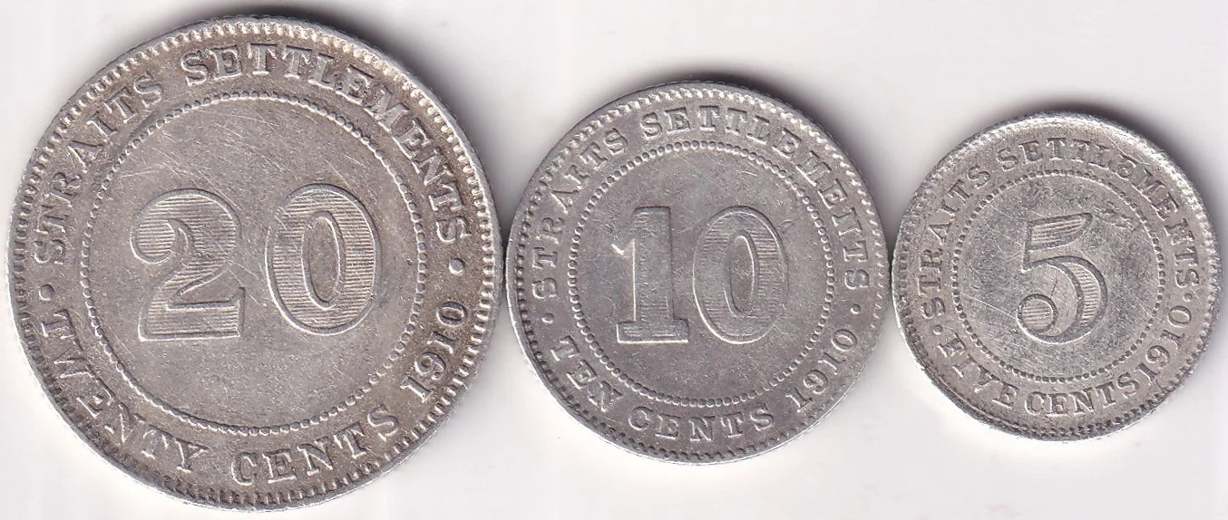 Straits Settlements 1910 Edward VII Silver 5, 10 & 20 Cents 3 Coin Set
