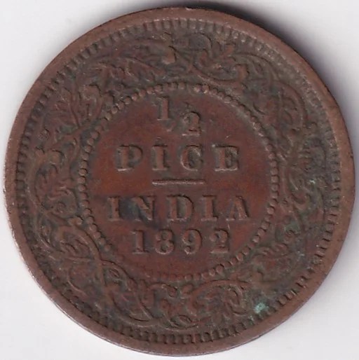 British India 1892 Victoria Half Pice Copper Coin