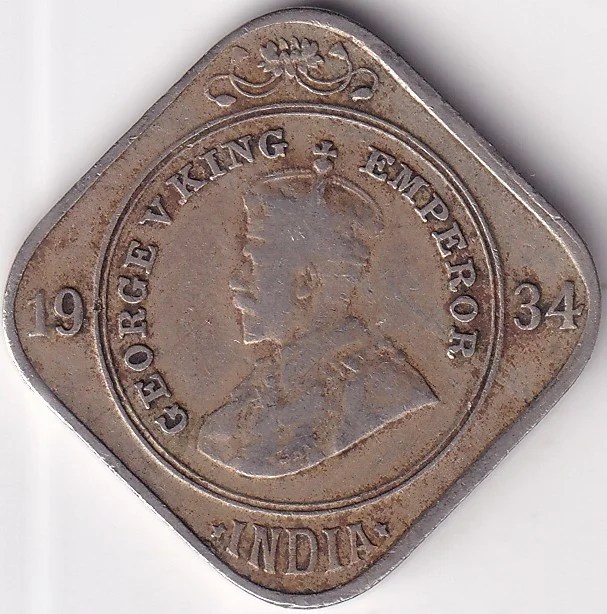 British India 2 Annas 1934 Copper Nickel Coin Rare