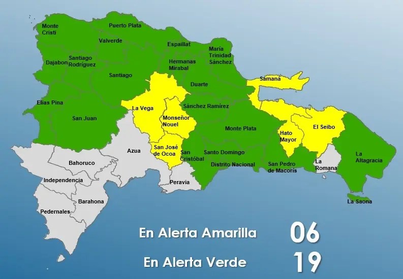 COE coloca 25 provincias en alerta por vaguada; 6 en amarilla y 19 en verde