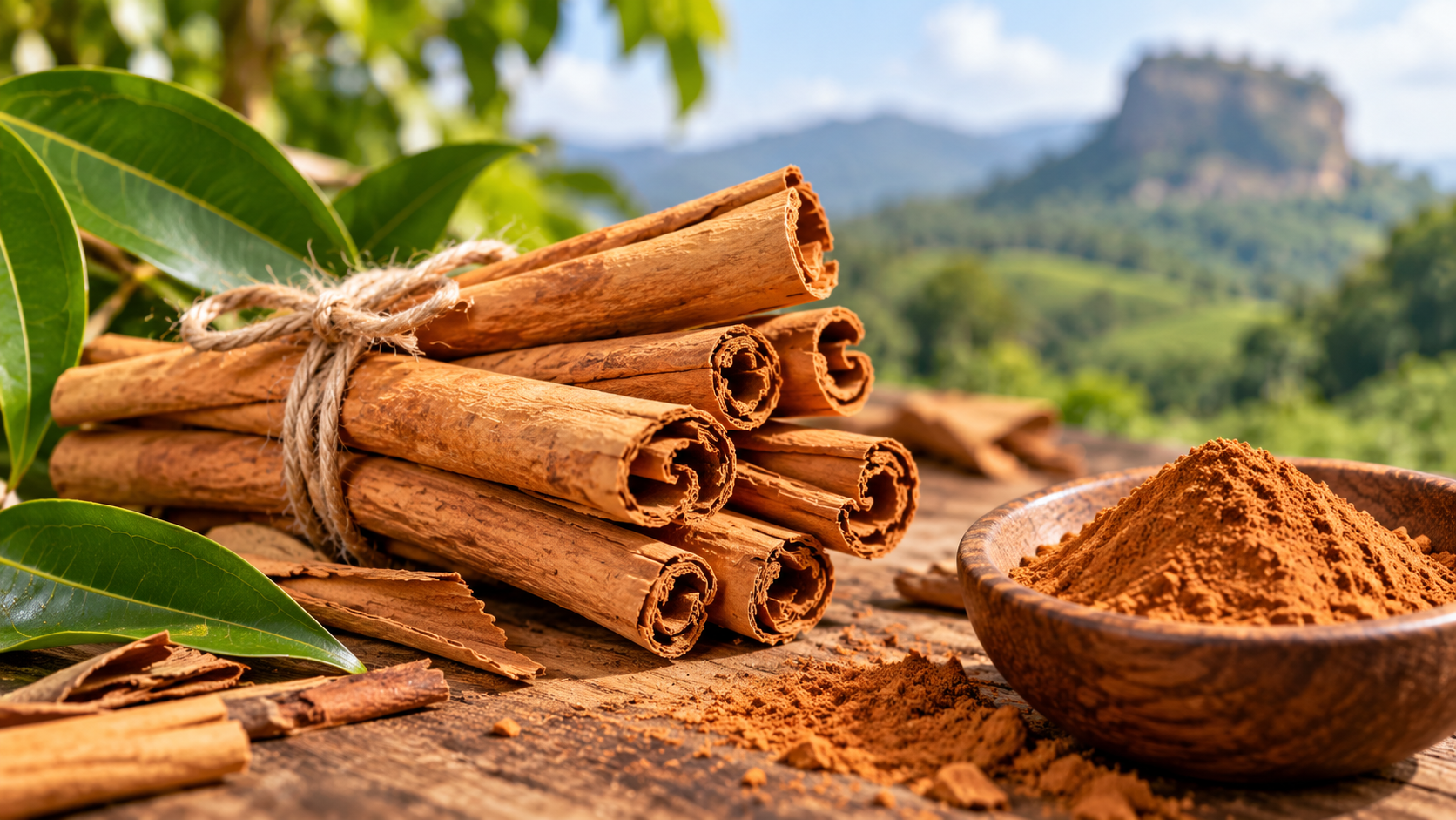 Bețișoare de scorțișoară de Ceylon (Cinnamomum verum), alături de scorțișoară măcinată într-un bol de lemn