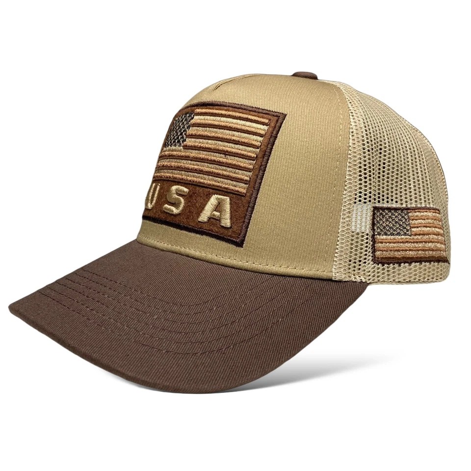 USA Flag Patch Embroidered Snapback Cap, Tan and Brown, Curved brim