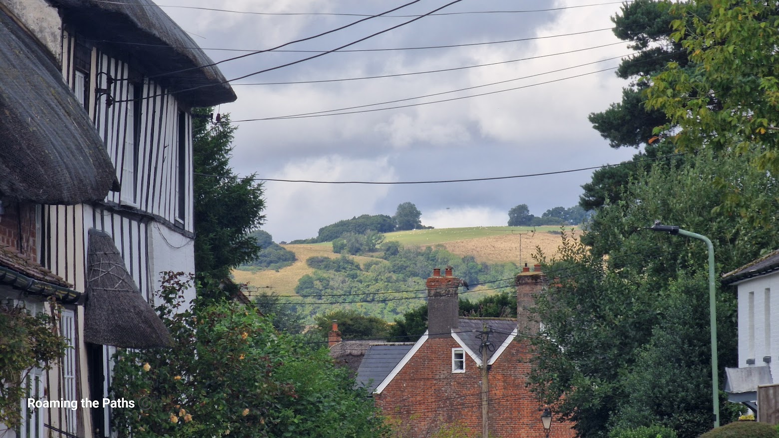 View of rolling hills and countryside from a small village road, with traditional half-timbered and brick houses in the foreground. Power lines stretch across the sky, while lush green trees and shrubs line the street. The distant hills, dotted with trees and farmland, lie under a cloudy sky.