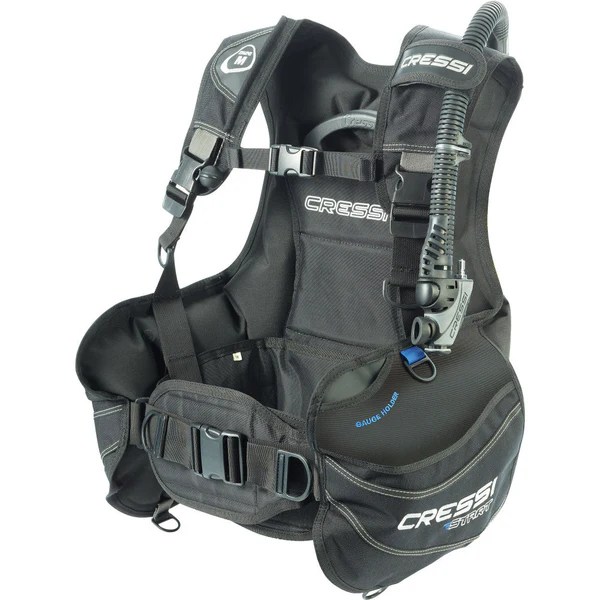 Black scuba diving buoyancy control device with straps and buckles.