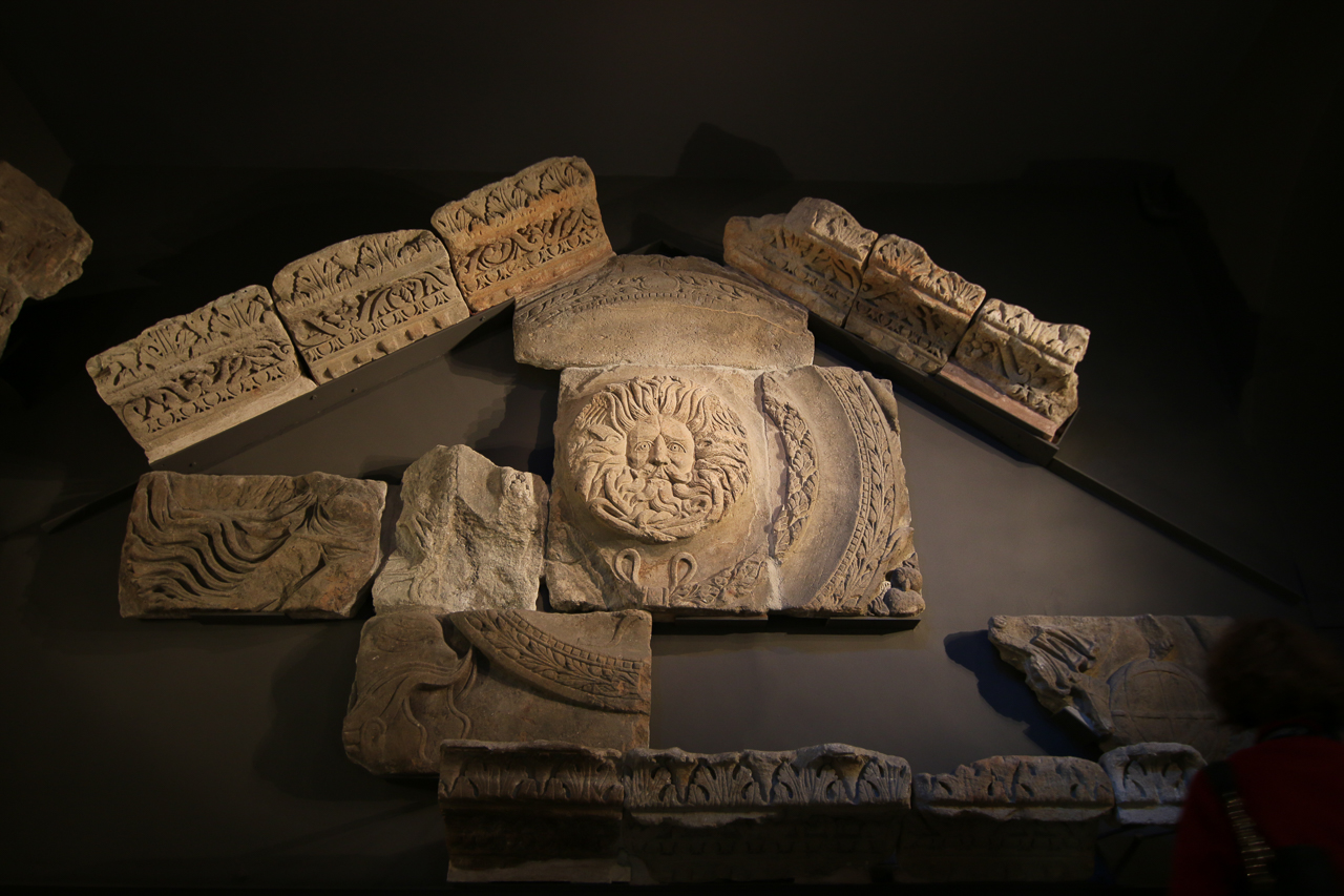 Actual pieces of the former Roman Temple Pediment, you can see the Gorgon Head, which was a powerful symbol of the goddess Sulis Minerva.