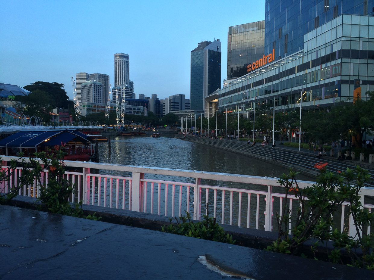 Downtown Singapore where there are more eateries and bars than you can count. This is Clarke Quay, pronounce "Key".
