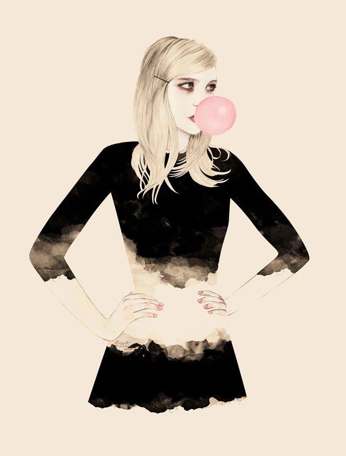 Watercolor and pencil fashion illustration of a blonde stylish girl blowing a bubblegum with arms on her hips