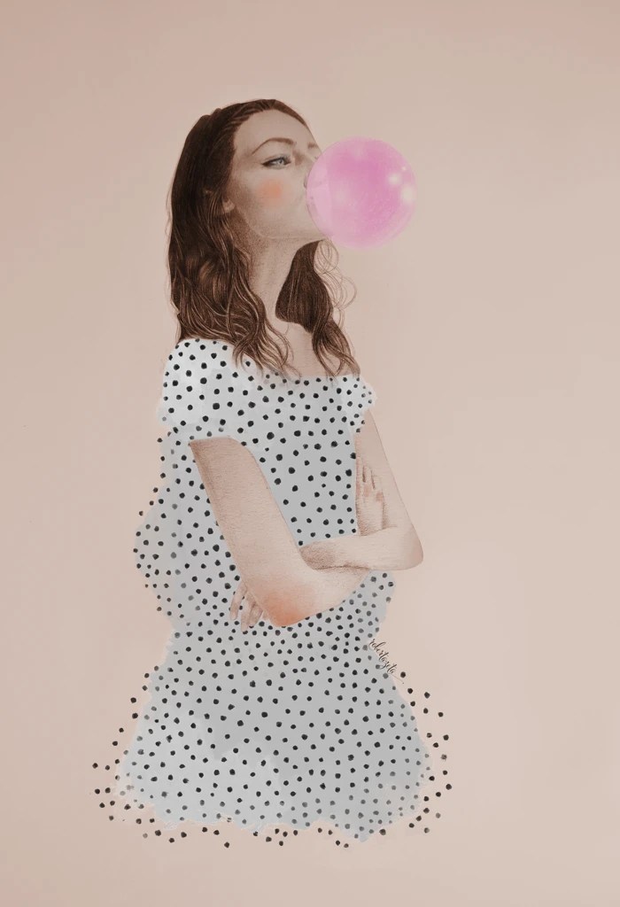 Watercolor and pencil fashion illustration of a stylish girl dressed in a polka dots dress blowing a bubblegum with crossed arms and looking up