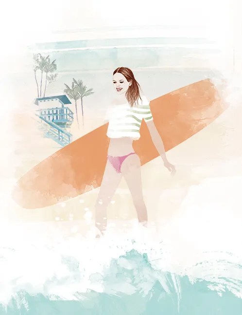 Beachwear fashion illustration of woman with surfboard walking into waves, watercolor art, sunny misty Los Angeles coastline with palm trees