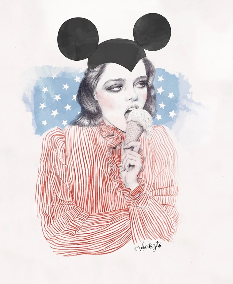 Pencil and watercolor illustration of a girl with Mickey Mouse ears and a red striped shirt eating an ice cream on a background of white stars on blue