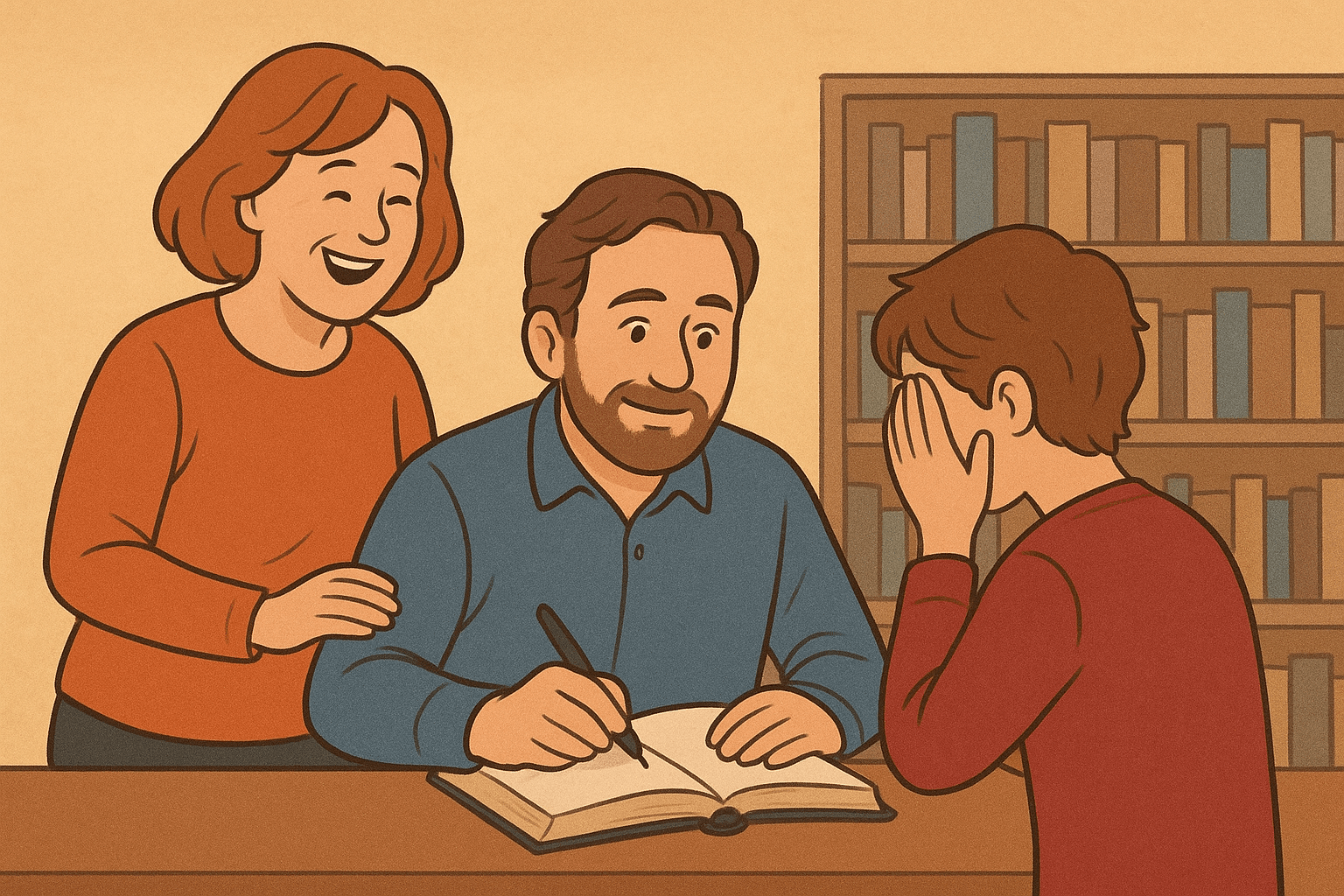 Ai generated image of a mom and son at a book signing