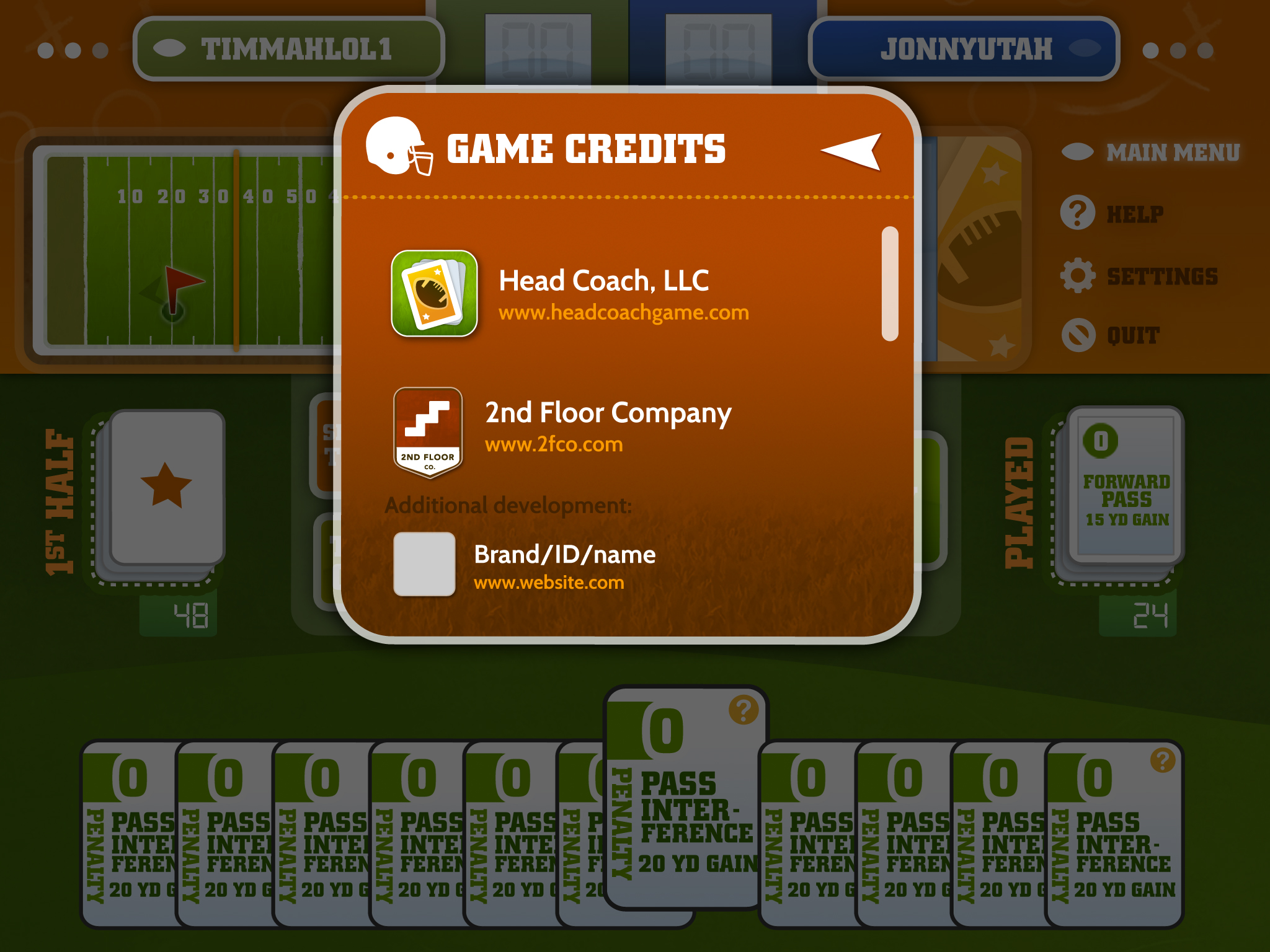 Head Coach Football iOS Game - Credits Window - created all branding, UI, game flow