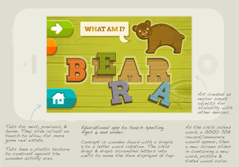 Children's iOS Spelling Game Concept - Game Play Screen - created all branding, UI, game flow