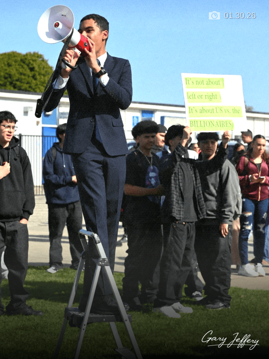 Gary Jeffery speaking through a megaphone