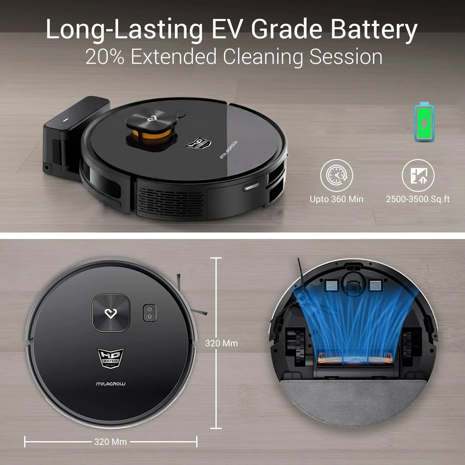 Milagrow iMap 16 Ultra robot vacuum cleaner with smart navigation, automatic cleaning system, and sleek circular design for Indian homes