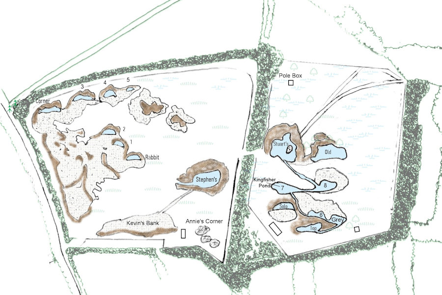 hand drawn map showing scrapes, banks, ponds and meadows