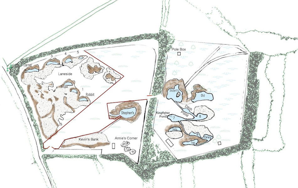 map of the project, hand drawn and showing the actual layout with ponds, banks, scrapes and meadow
