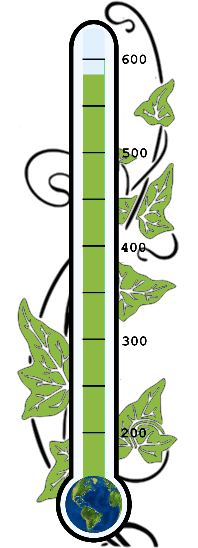 an image of a thermometer with ivy growing up it, the bulb at the bottom is the earth and the scale shows a reading of just over 580