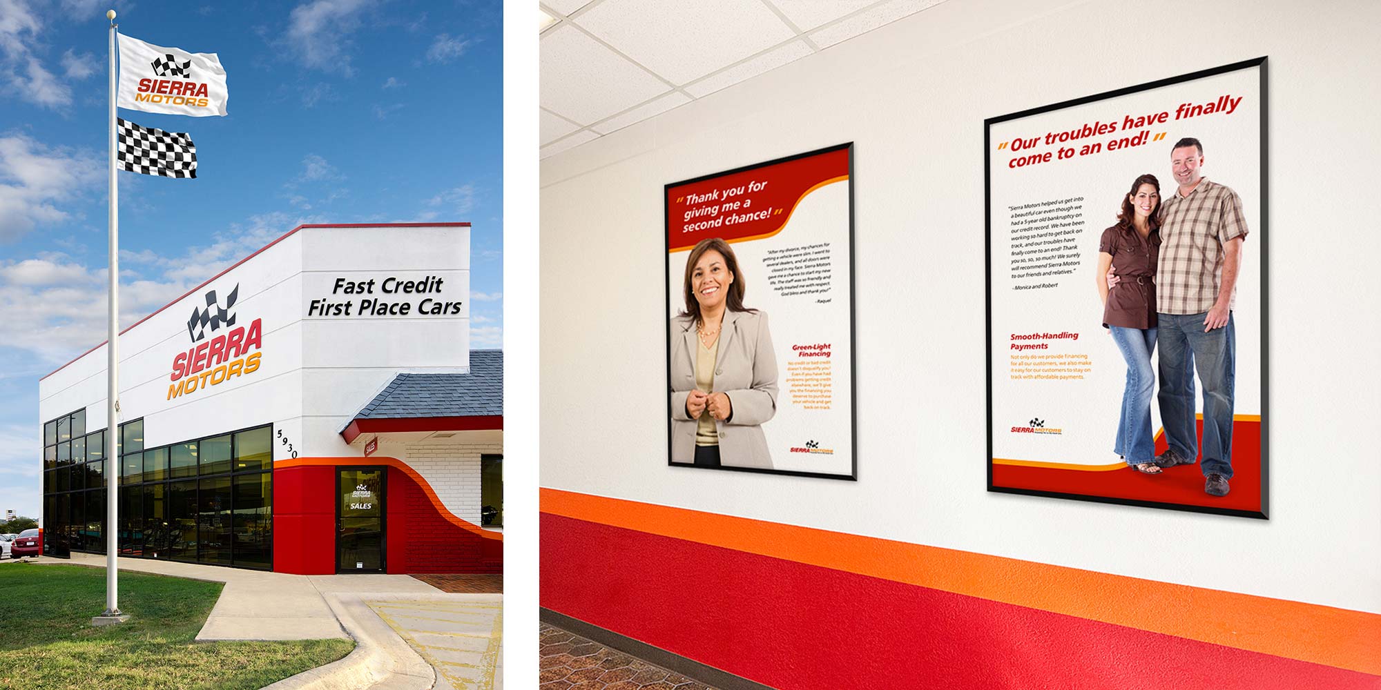 Custom logo design on exterior of car dealership. Car dealership marketing in interior of car dealership.