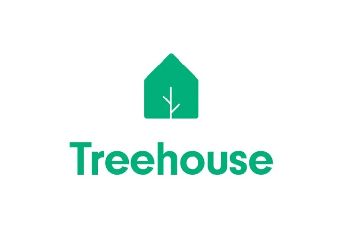 Treehouse logo with a green house and a tree in the middle of it.
