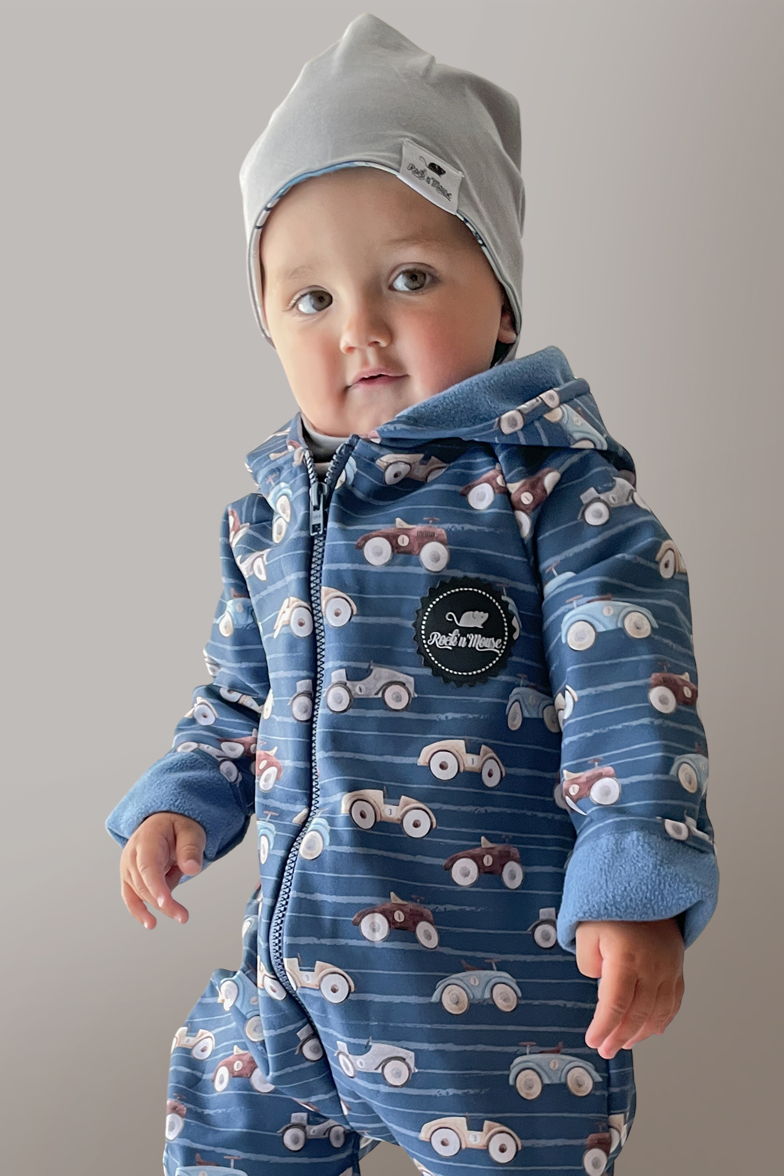 Blue softshell jumpsuit with fun retro 